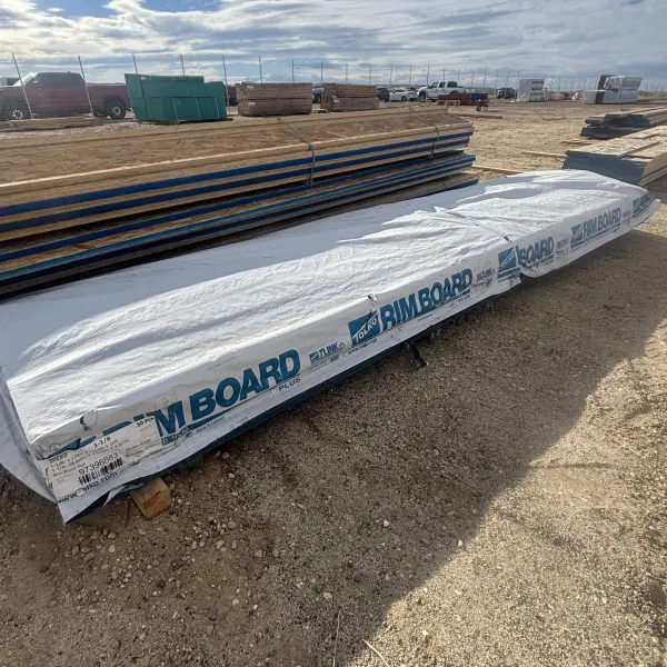 APA-rated 1-1/8 inch by 9-1/2 inch OSB rim board bundle polywrapped and stocked at Boise lumberyard for engineered floor systems