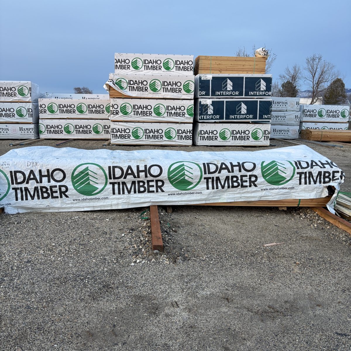 2×4×14′ #2 kiln-dried Douglas Fir lumber, polywrapped and stacked in full bunks at our Boise lumberyard