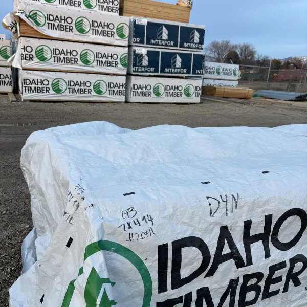 2×4×14′ #2 kiln-dried Douglas Fir lumber, with other lumber skus in background at our Boise lumberyard