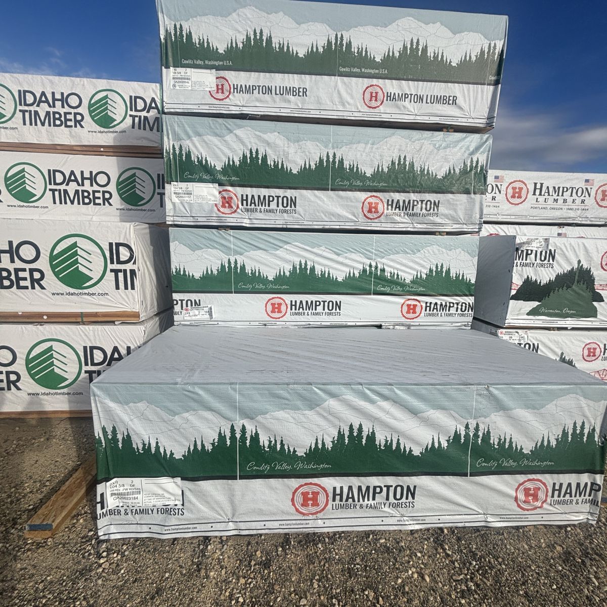 Units of 2×6-104-5/8″ #2 kiln-dried Douglas Fir lumber stacked at our Boise lumberyard