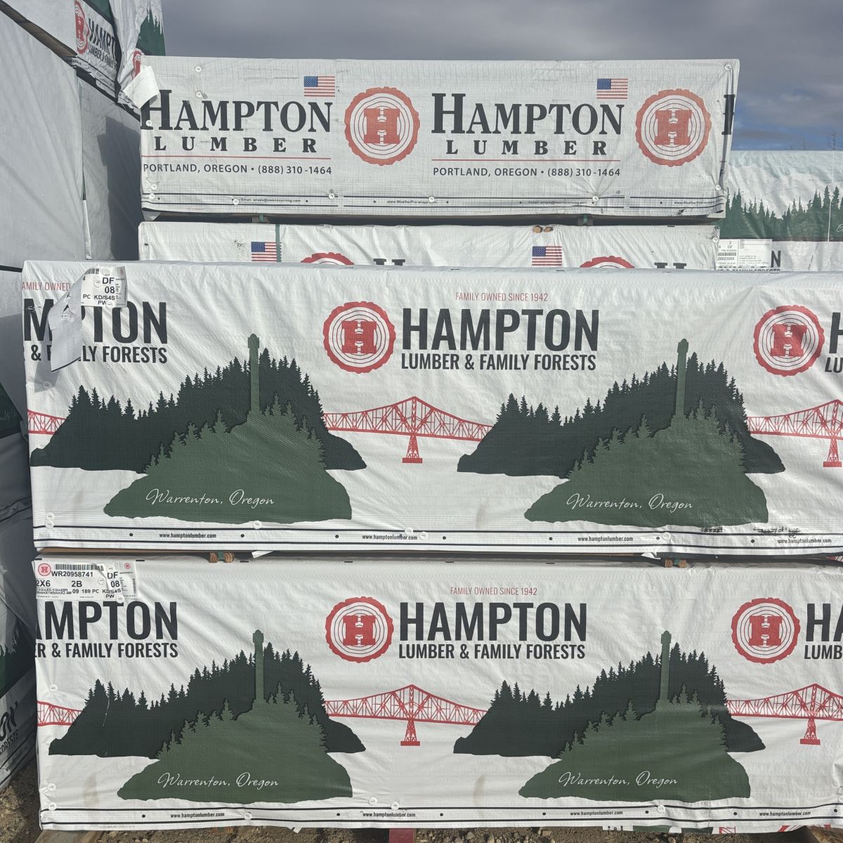 Front view of stacked units of 2×6-8′ #2 kiln-dried Douglas Fir lumber at our Boise lumberyard