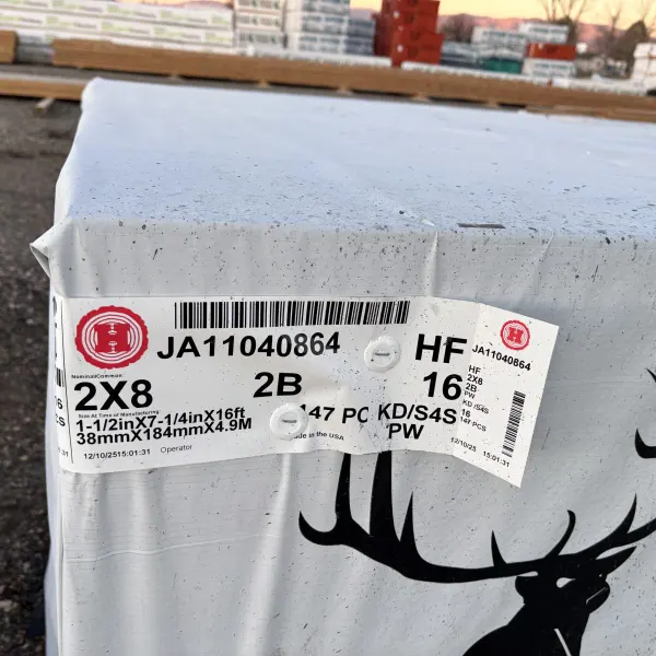 Wrapped unit of 2×8 16-foot #2 kiln-dried Hem-Fir lumber from Hampton Lumber at our Boise lumberyard