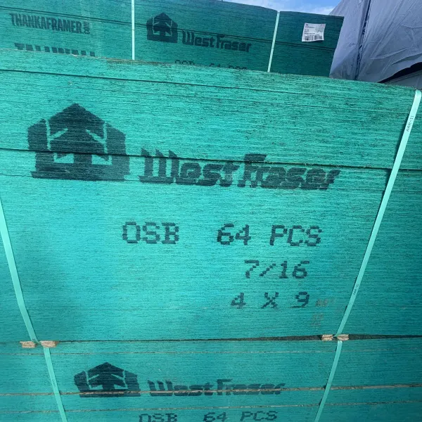 Close-up view of 7/16-inch 4×9 OSB sheathing in West Fraser bunks at our Boise lumberyard